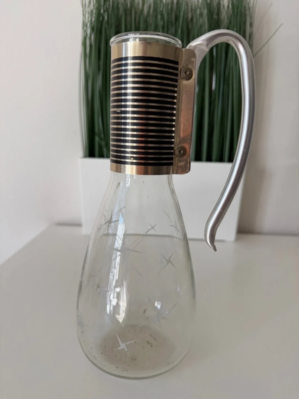 Vintage Glass Pitcher Carafe Atomic Starburst Metal Handle Mid Century